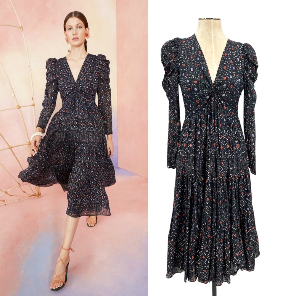 UIla Johnson Miya Printed Dress Long Sleeve Metallic Navy Blue Size US 2